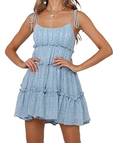 Mansy Womens 2025 Summer Floral Mini Dress Boho Flowy Skater Dresses Short Sleeveless Ruffle Spaghetti Strap Dress Blue