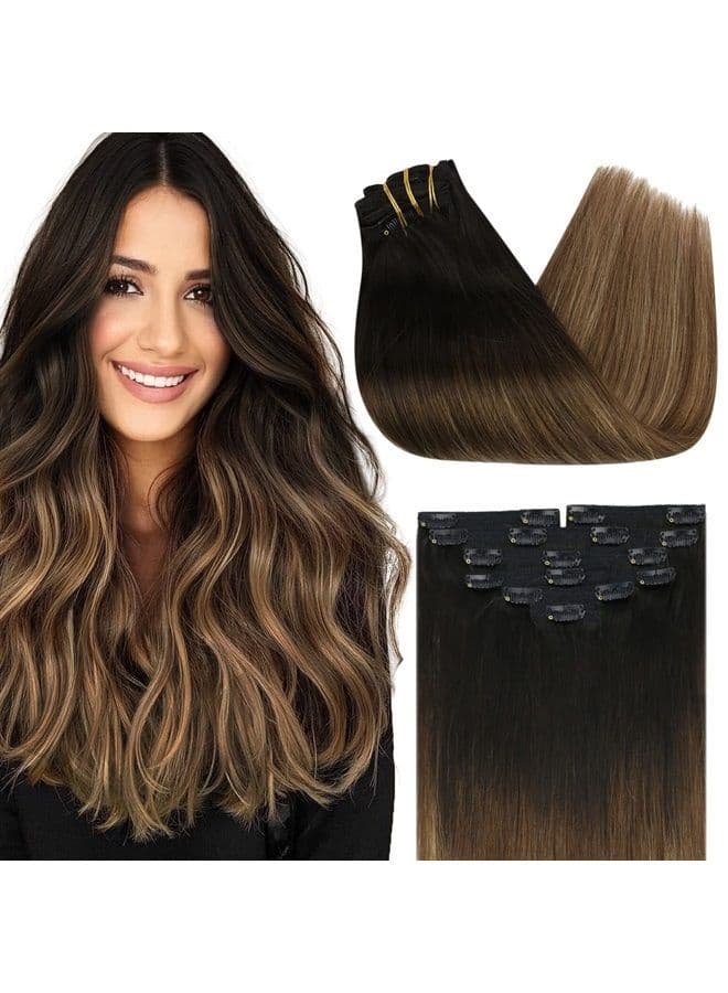 Sunny Clip in Hair Extensions Ombre Clip in Human Hair Extensions Black Ombre Dark Brown with Caramel Brown Hair Extensions Real Human Hair Easy to Install 7Pcs 120G 20inch