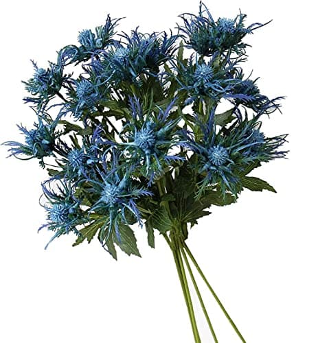 TBUY ROSE 5 Pack Silk Artificial Thistle Flowers Eryngiums Faux Plants for Garden Wedding Prom Party Bouquet Floral Arrangement (Blue)