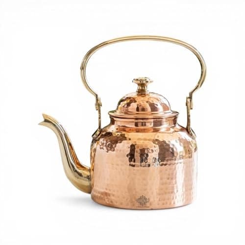 Indian Art Villa Copper Hammered Tea Pot Kettle – 1000 ML, Tin Lined Inside, Brass Handle & Spout, Traditional Vintage Serveware for Tea, Coffee & Hot Beverages, Elegant Copper Kitchen & Gift Item