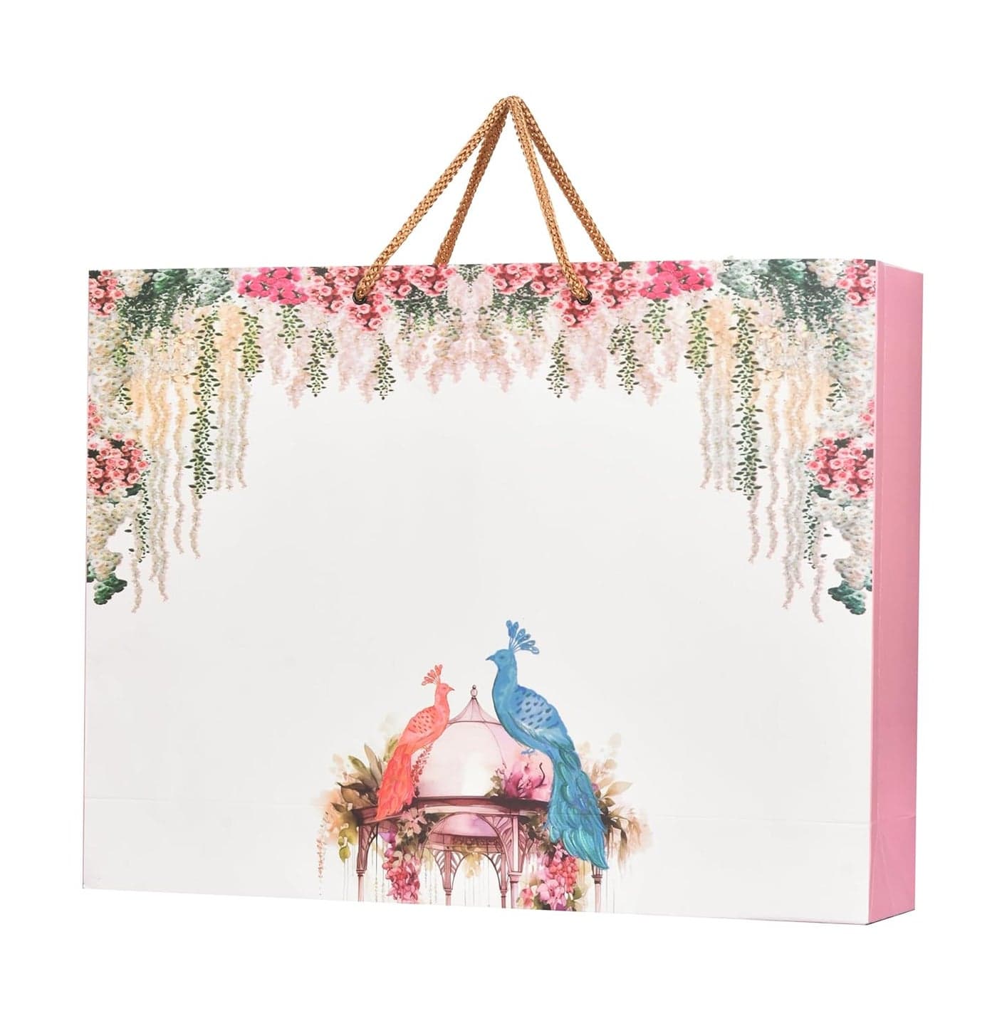 PPJ WEDDING PEACOCK PAIR 30 Pcs PAPER CARRY BAG 14 Inch X 10 Inch X 4 Inch for DIWALIWEDDINGFUNCTIONBIRTHDAYRETURN GIFTSCHRISTMASGIFT BAGSGIFT COVERS Pack of 30