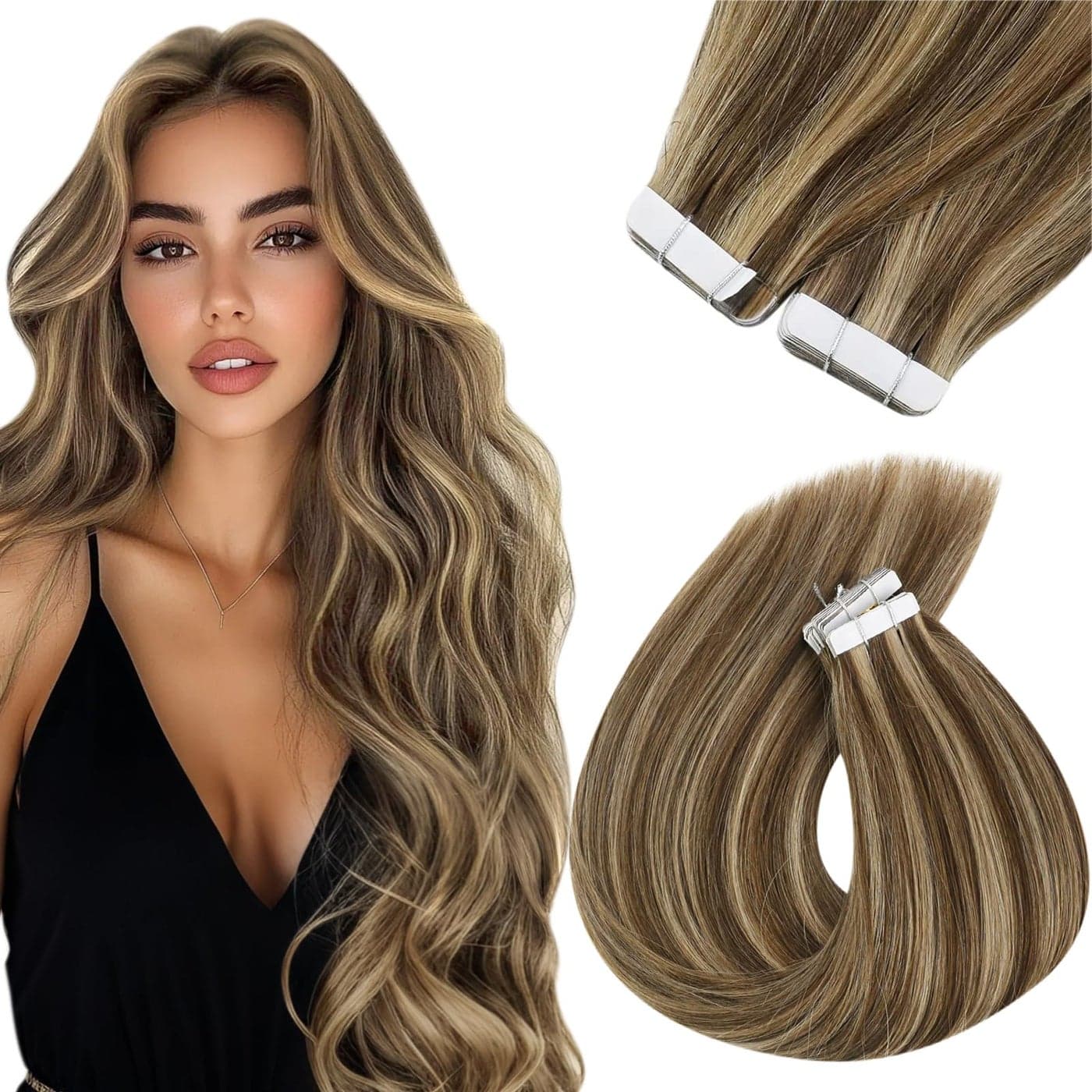 Sunny Hair Tape in Hair Extensions Real Human Hair Invisible Remy Hair Extensions Tape ins for Women Dark Brown Highlight Caramel Blonde 24 inch 20Pcs 50G