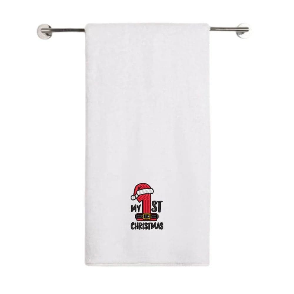 Iris Christmas Embroidered 70 x 140 Cm White Bath Towel - "My 1st Christmas" Design 100% Cotton - Premium Holiday Collection