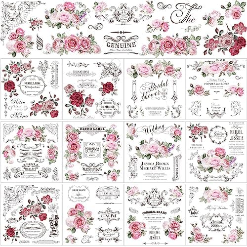 BBTO 12 Sheets Rub on Transfers for Crafts and Furniture Rub on Transfer Stickers Decals for Wood DIY Paper Home Decor 55 x 57 InchRetro Rose