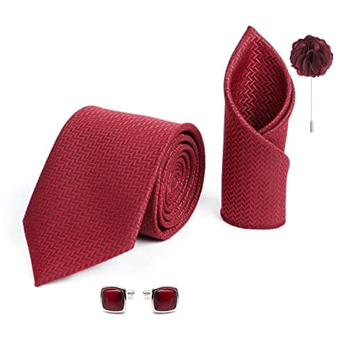 RIZORO Tie for Men – Self Silk Neck Ties Set with Cufflinks Flower Pin, Pocket Square & Black Gift Box, Combo Necktie Sets for Office Wear, Formal Suits & Weddings (Maroon1, SIDIMRRX_NW)