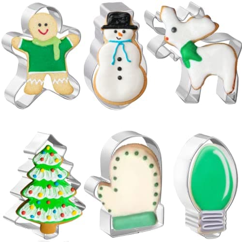 JOB JOL Christmas Cookie Cutters 6 PCS 4 Gingerbread Man Christmas Tree Snowman Light Bulb Mitten