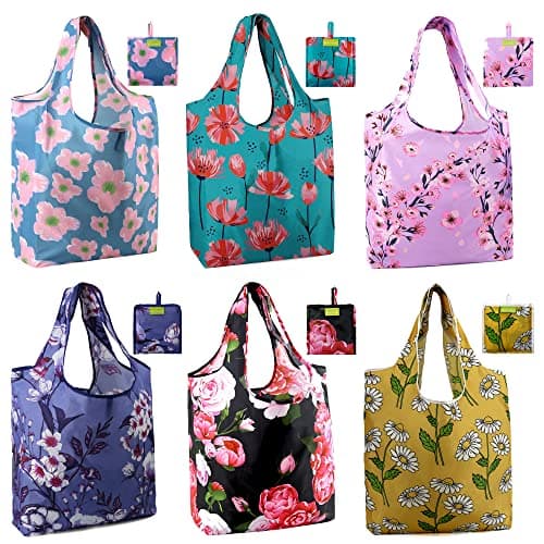 BeeGreen Flower Reusable Shopping Bags Cute Grocery Bag 6 Pack Christmas Gift Bags HeavyDuty Foldable Shopping Totes for Supermarket Work Travel Large Washable Polyester Tote Bag with Handles