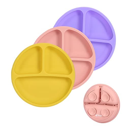 Cibeat Toddler Plates 3 Pack 100 Silicone Suction Plates for Babies and Toddlers Microwave and Dishwasher Safe BPA Free Divided Design Pink Yellow Purple