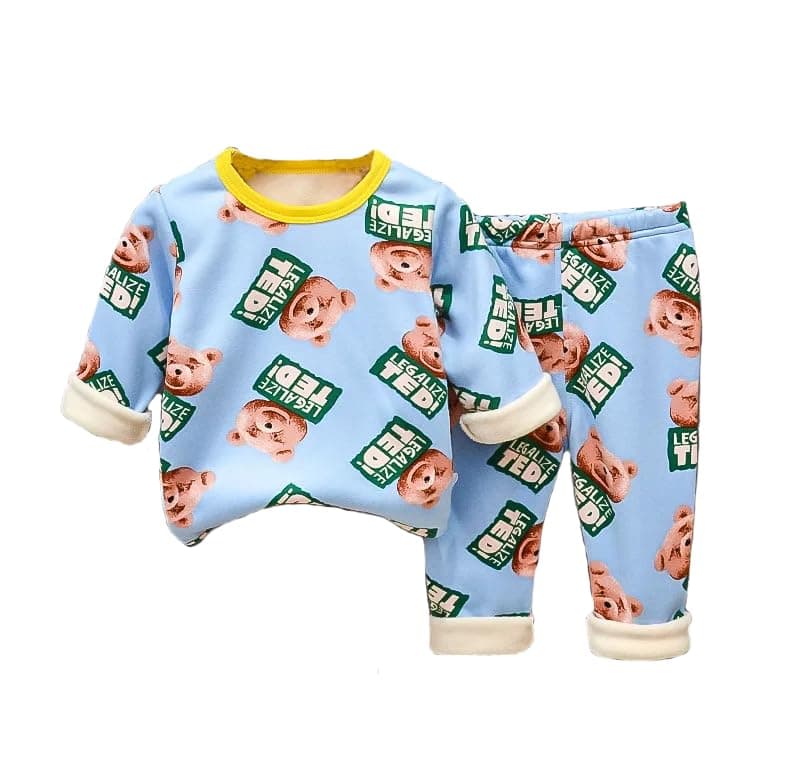 Bold N Elegant Cute Winter Warm Fleece Kid's Cartoon Printed Thick Sweatshirt Tshirt and Pyjama Pant Clothing Set for Infant Toddler Boys Girls Kids (Blue, 6-12 Months)