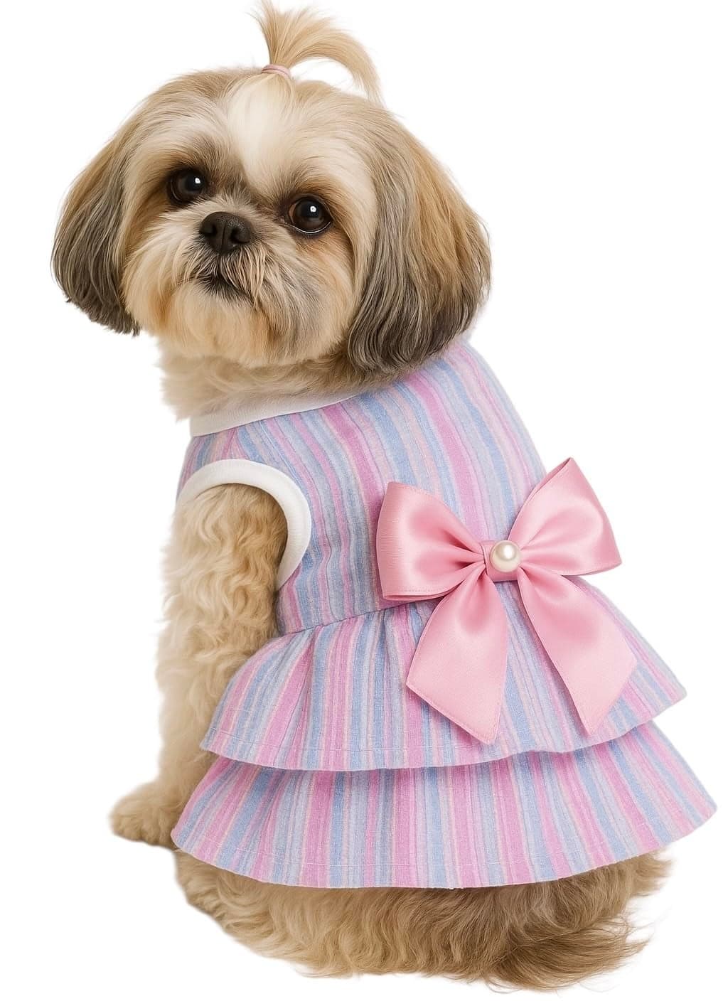 KUTKUT polycotton Small Dog Cat Girl Summer Dress Cute Bowknot Tutu Dress Striped Casual Dog Clothes Small Dogs Girl Yorkshire, Mltese Cat Pet Apparel Outfits (Size: M, Chest: 40Cm, Purple, 1 count)