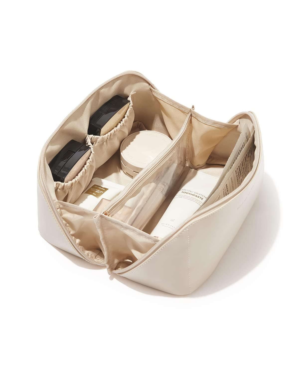 ABTRIX with AB Leather Travel Makeup Bag,Large Capacity Cosmetic Bags for Women, Waterproof Portable Pouch Open Flat Toiletry Bag Make Up Organizer with Divider and Handle, Multi Color (Cream)