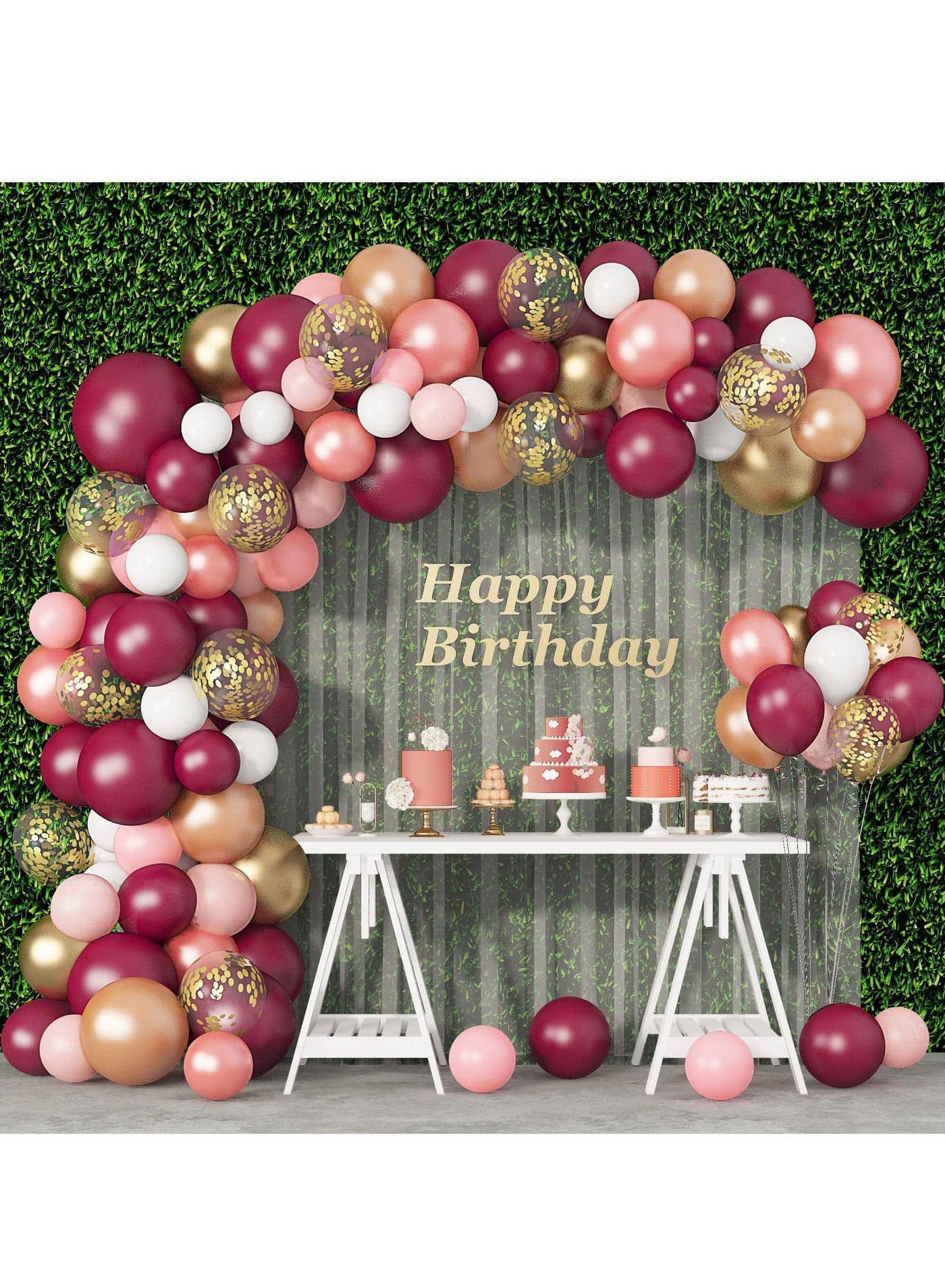 119Pcs Burgundy Pink Balloons Garland Arch Kit 12''10''5'' Rose Gold Champagne Confetti Latex Metallic for Birthday Baby Shower Wedding Party Decorations Supplies with 4 Tools