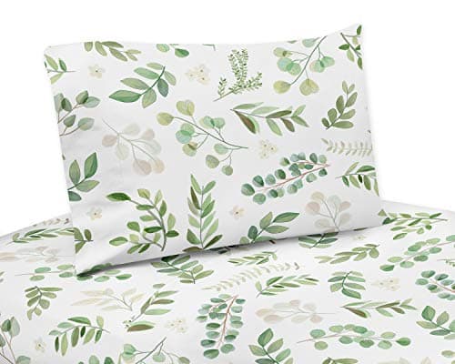 Sweet Jojo Designs Floral Leaf Twin Sheet Set 3 Piece Set Green and White Boho Watercolor Botanical Woodland Tropical Garden