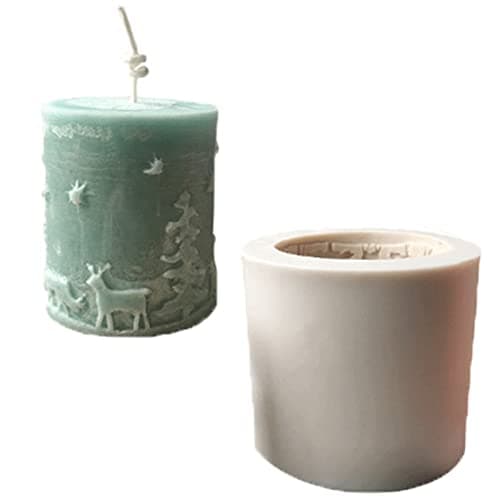 3D Cylinder Christmas Candle Molds,Silicone Soap Mold Embossed Christmas Tree & Elk Reindeer Pattern for Home Party Decoration (Random Mold Color)