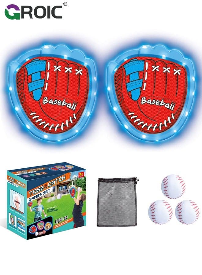Kids Velcro Catching Balls Set,Toss and Catch Ball Game Set with Light,Baseball Glove Sticky Mitt,Yard Games Beach Toys,Paddle Ball Family Backyard Games,Kids Outdoor Games Baseball Game