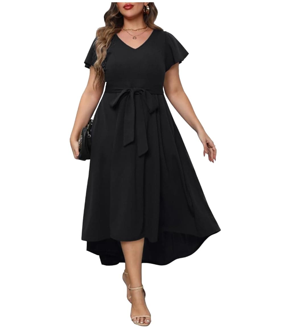 TATAIYA Women Plus Size V-Neck High-Low Maxi Maxi Gown Dress (Black_3XL)