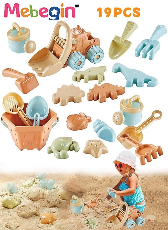 19 Pieces Beach Toys with Sand Bucket, Sand Pusher Truck, Shovels and Other Accessaries, Sand Pails Set, Complete Beach Sand Toys with Attractive Appearance, Fun Beach Sand Toys, Summer Outdoor Beach Game, Perfect Summer Outdoor Gift