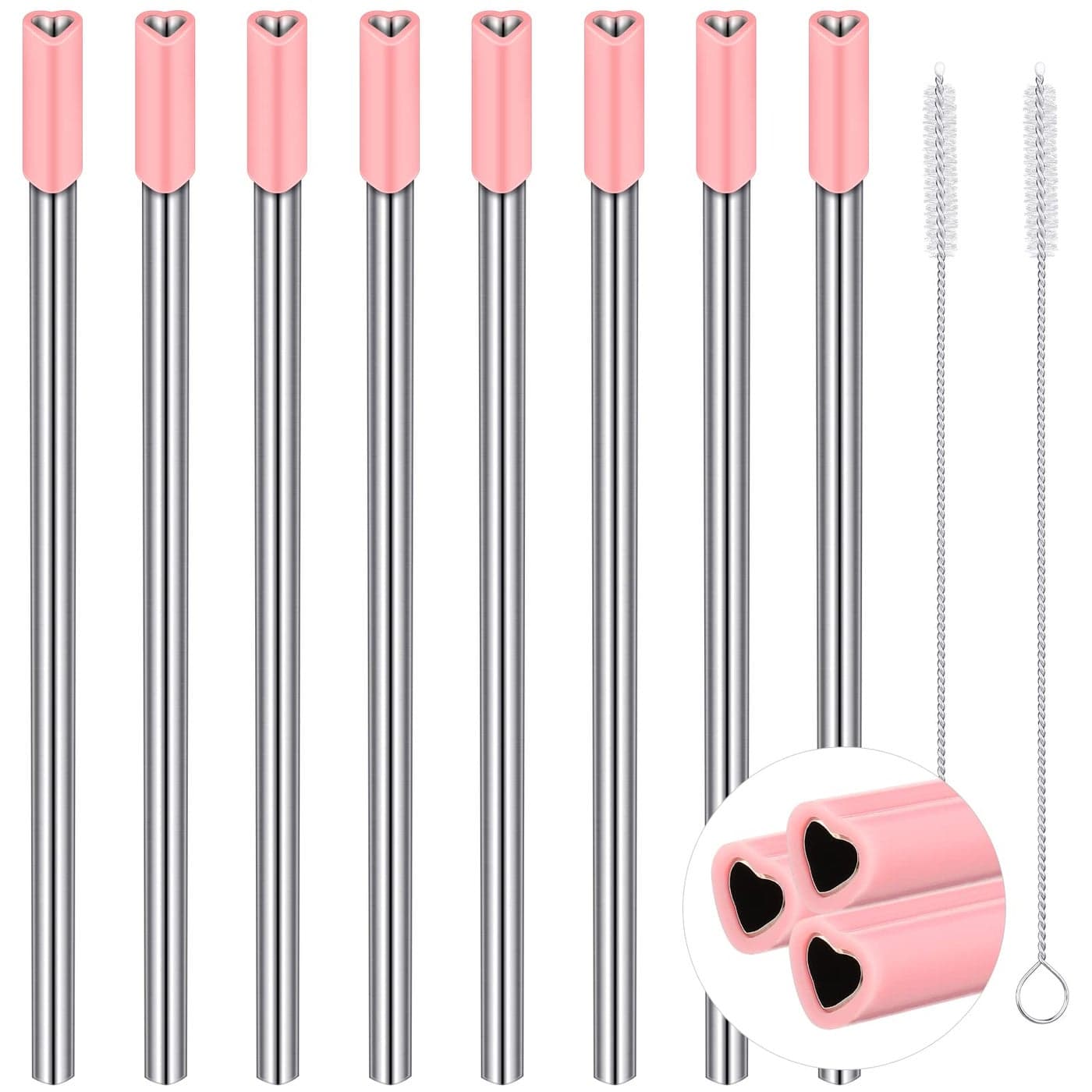 Jutom 8 Pack Heart Shaped Stainless Steel Straws with Silicone Tips Reusable Heart Straws Cute with 2 Cleaning Brushes for Hot Cold Drink Bridal Shower Wedding Pink