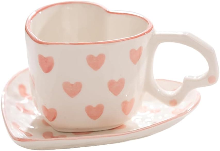 WAIT FLY Heart Shaped Ceramic Coffee Mug Set with Saucer Tea Cup Breakfast Cup Dessert PlatePink8 OZ