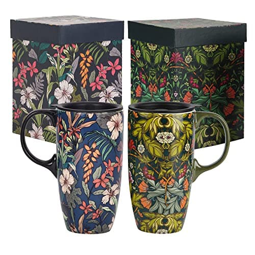 TZSSP Coffee Ceramic Mug Porcelain Latte Tea Cup With Lid 17oz.Blue and Green, 2PCS