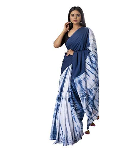 Kiaaron Women's Hand Block Kalamkari Batik Bagru Jaipuri Ikat Printed Handloom Pure Cotton Mulmul Traditional Ethnic Cotton Sarees With Printed Blouse Piece - Blue_White