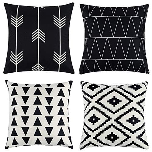Tosewever Set of 4 Decorative Geometric 18 x 18 Inches Throw Pillow Covers - Modern Pattern Linen Square Pillow Cushion Case for Sofa Couch Bed Home Outdoor Car (18" x 18", Black)