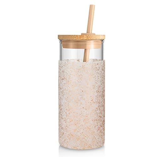 Tronco 20 oz Glass Tumbler with Lid and Straw, Iced Coffee Cup and Smoothie Cup with Bamboo Lids & Protective Silicone Sleeve, Dishwasher Safe, BPA-Free, Glass Cup 1 Pack