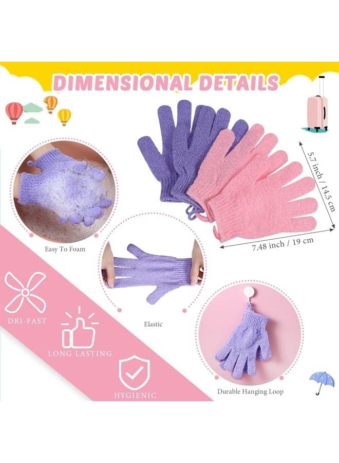 4 Pack Exfoliating Shower Bath Gloves Back Scrubber Set, 2 Exfoliating Body Scrubber Nylon Back Washer, 2 Pairs Scrub Gloves for Women Men Children Skin, Stretchable Pull Strap Washcloth, Pink, Purple