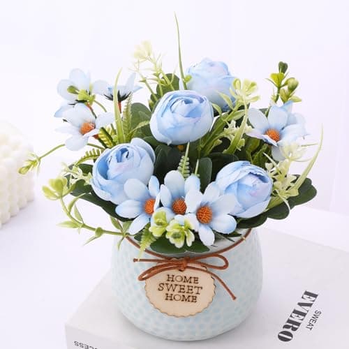 TIED RIBBONS Artificial Rose Flower Plant with Pot (Blue, 6.6 Inch) Home Décor Items for Living Room Balcony Kitchen Bedroom Office Table Top Decoration Gifting Item