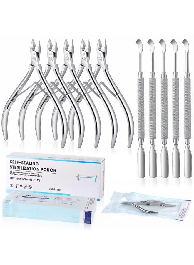 10 Pack Cuticle Trimmer with Pusher 200 Count Self Sealing Sterilization Pouches, Professional Stainless Steel Cuticle Nipper Remover Cutter Manicure Pedicure Tools Kit for Home Salon Nail Care