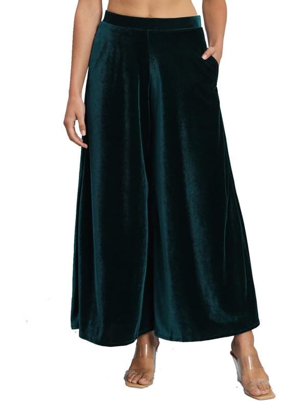 Vaararo Party Trousers for Women | Shiny Velvet Fabric Wide Bottoms Stylish Palazzo Pants Rama Green Large