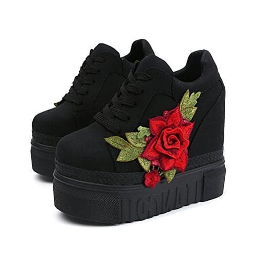 Women Fashion Platform Sneakers High Hidden Heel Wedge Walking Shoes Brides Wedding Shoes (Black, 5)