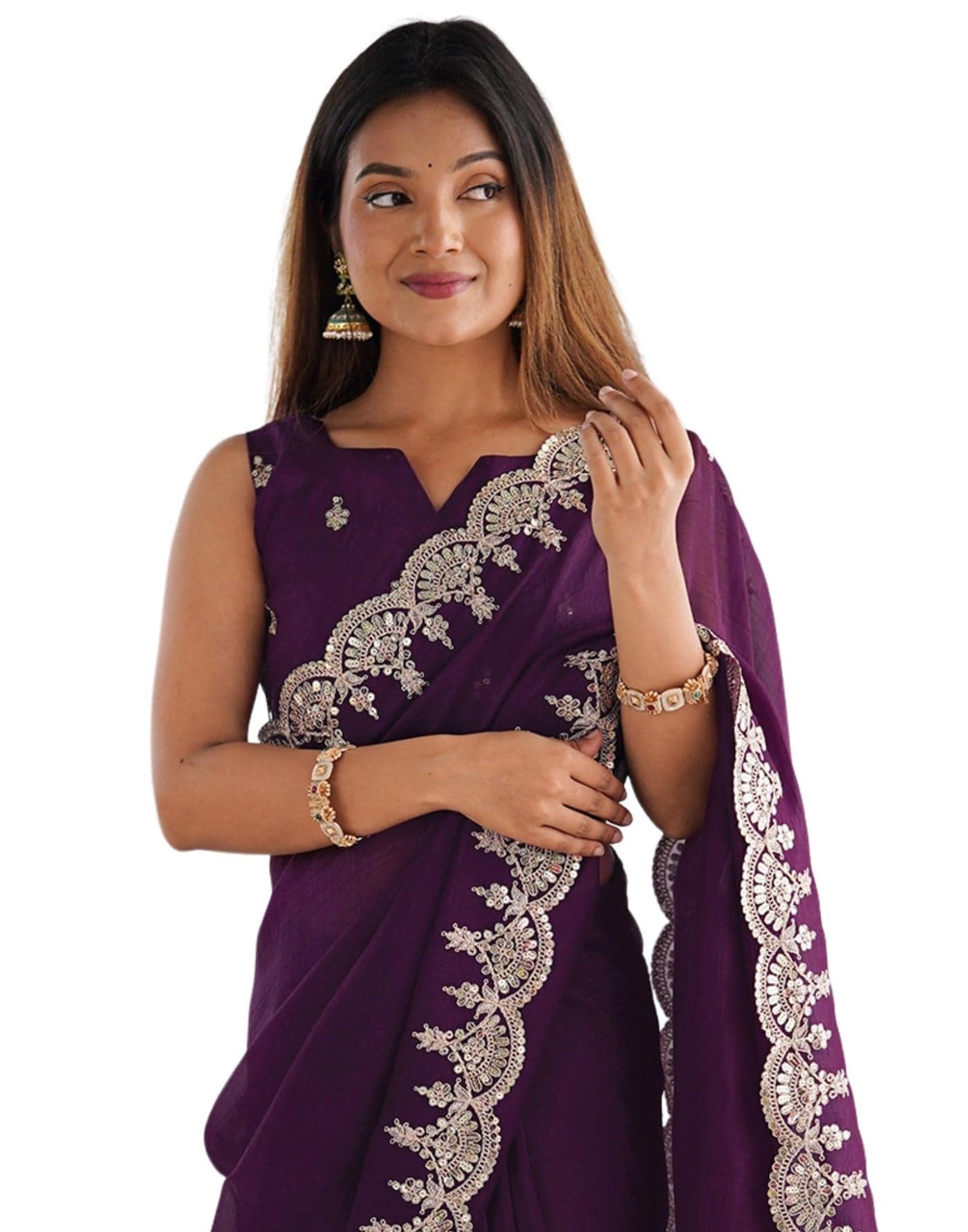 SIRIL Women's Shimmer Chiffon Sequence Embroidery Border Saree With Unstitched Blouse Piece (4282S6772_Wine)