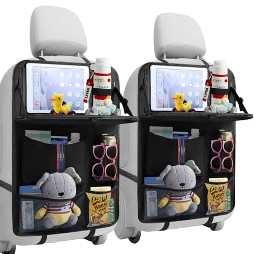 Car Seat Organiser Car Back Seat Kick Protector Mats With Food Tray Touch Screen Tablet Holder Storage Pockets Storage Sunglass Holder Organizer Waterproof Cars Seats Organizer for Kids, Black/2 Pack