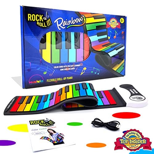 MUKIKIM Rock and Roll It - The Original Rainbow Piano. Roll Up Flexible Piano Keyboard for Kids / Beginners. Portable 49 Keys Silicone Pad. Play-by-Color Songbook Included!