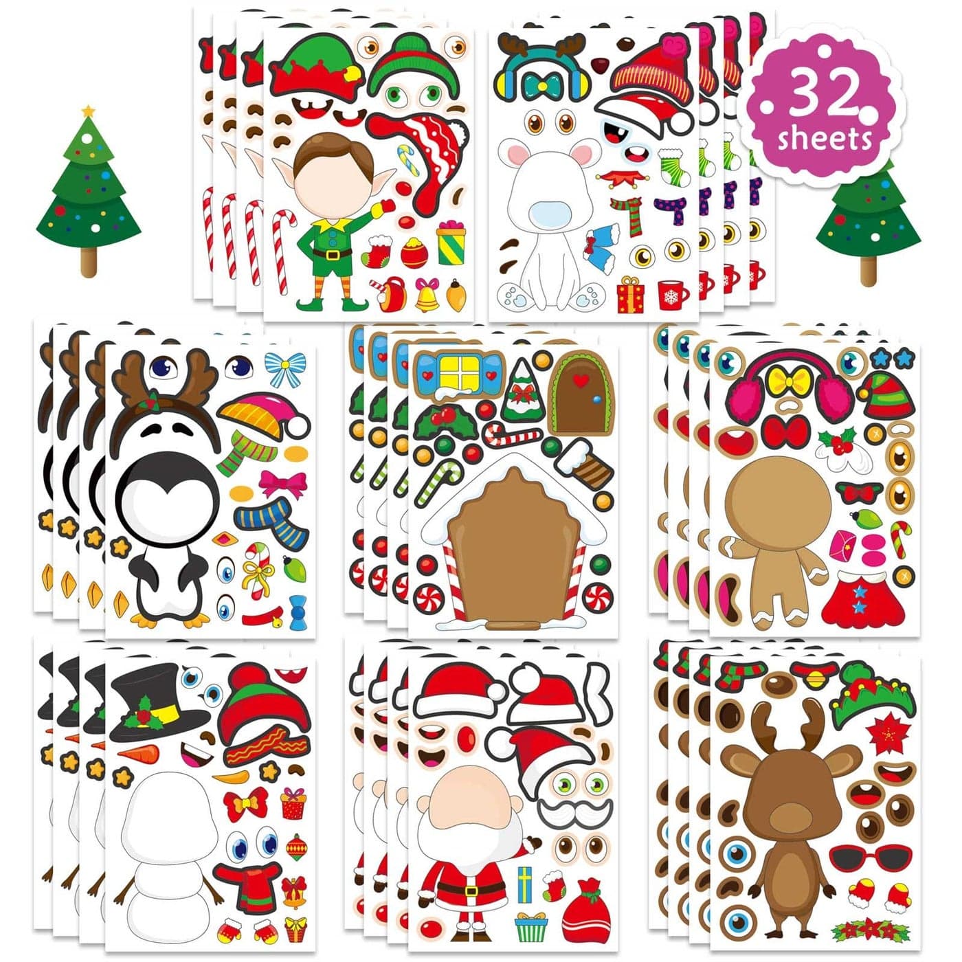 32 Sheets Christmas Stickers for Kids Toddlers Makeaface Sticker Make Your Own Christmas Characters Sticker Xmas Holiday Stickers Christmas Party Favor Supplies Christmas Stocking Stuffer Gifts