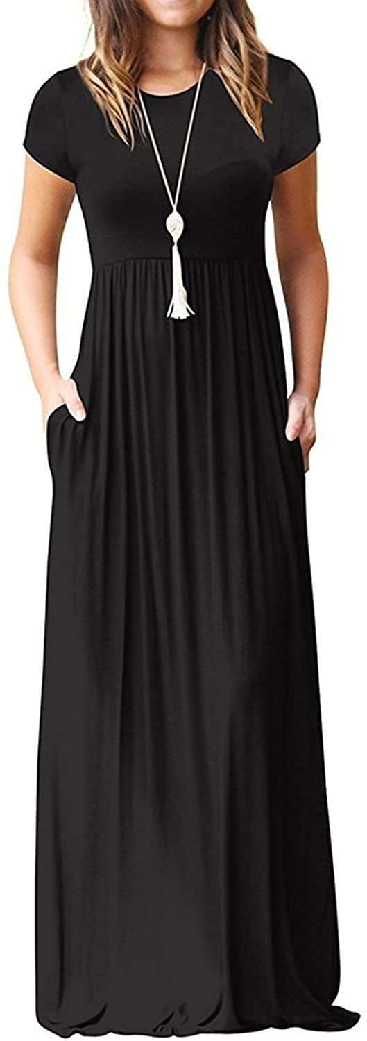 DEARCASE Maxi Dress for Women Black Large Crewneck Short Sleeves Wedding Guest A-line Casual Party Vintage Spring Summer Beach Long Dresses with Pockets