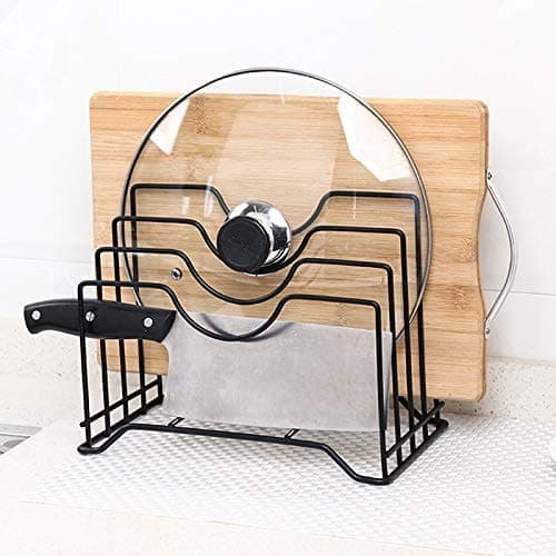 Sevia Kitchen Cabinet Pantry Pan and Pot Lid Organizer Rack Holder 4 Slot Pan Cover Storage RackStainless Steel Cutting Board Organizer Bake Ware and Kitchenware Cabinet