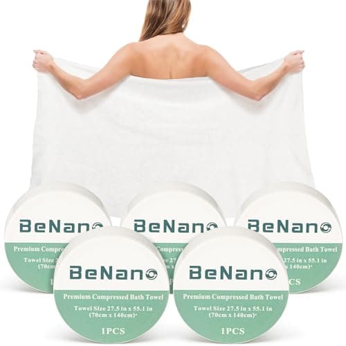 Benano Premium Compressed Towel Tablets Disposable Towel 55.1 in x 27.5 in Large Bath Towel Travel Towel Reusable for Hotel Camping Sports Hiking Beach Swimming Vacation (55.1" x 27.5" (5 Pack))