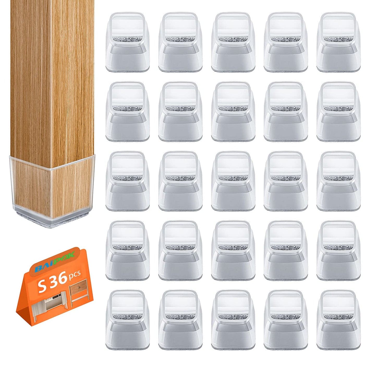 BAIPOK 36pcs Square Chair Leg Floor Protectors Silicone Floor Protectors for Chairs Chair Leg Protectors for Hardwood Floors Felt Furniture Pads for Wood Floors Prevent Scratches Small Clear