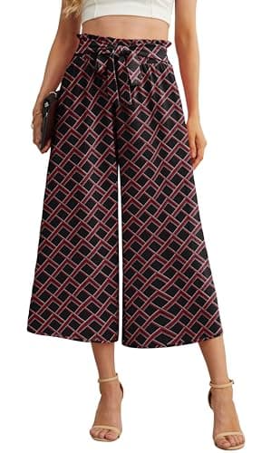 IWOLLENCE Women Flowy Loose Wide Leg Pant Summer Beach Casual Trousers high Waist Adjustable Knot Business Work Casual Pants Black Red Grid X-Large