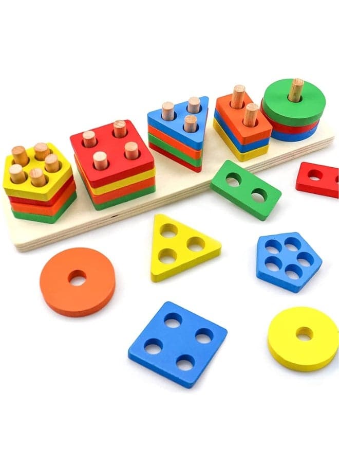 Wooden Montessori Toys Pattern Block Toy for Kids | Educational STEM Fine Motor Skills Sensory Toy | Wooden Shape Color Recognition Matching Geometric Shape Stacker