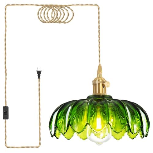 Beser·Win Plug in Pendant Light, Hanging Lights with Plug in Cord, Hanging Light Fixture with Green Glass, E26 Pendant Lighting for Kitchen Island, Bedroom, Dining Room, Living Room