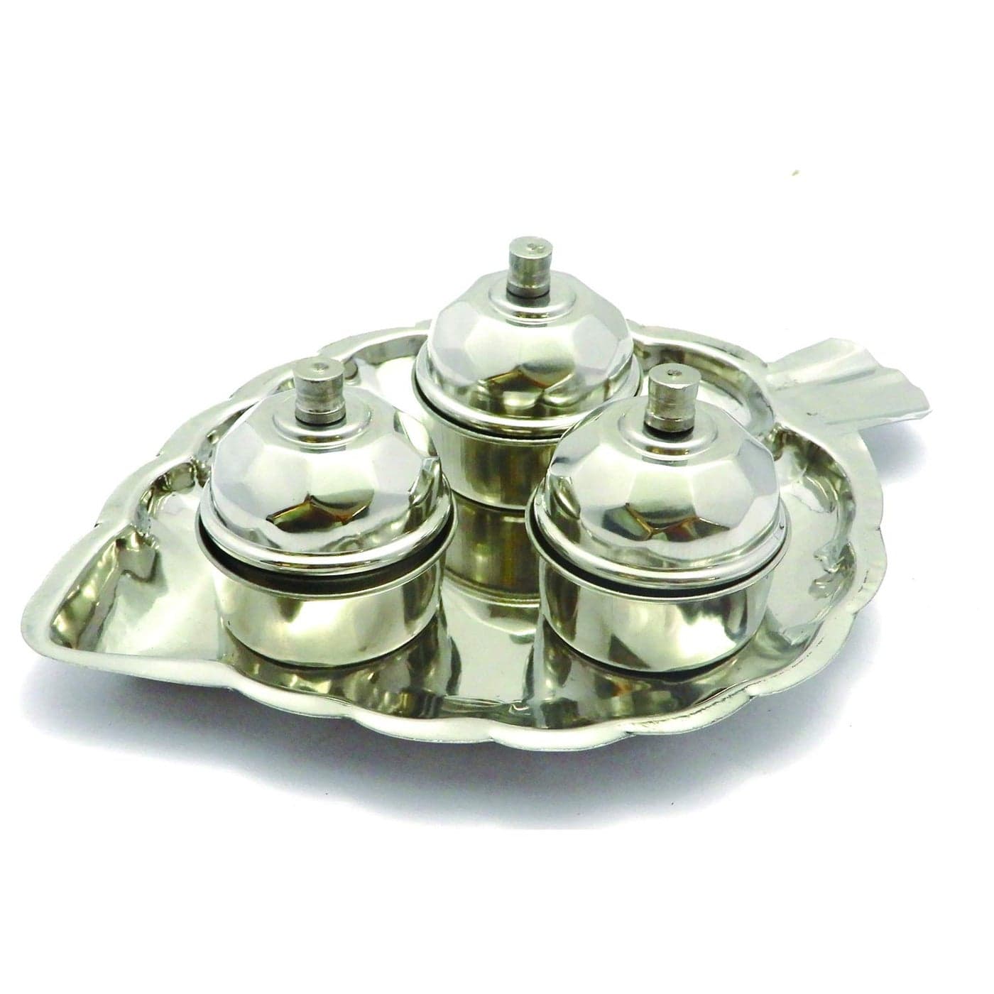 DBY Haldi Kumkum Holder Designer Home Decorative 3 Containers Pooja Thali Haldi Kumkum Stand Box Stainless Steel Diwali Gift Festive Puja Items
