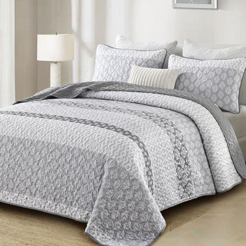 Cottolester Boho Quilt Set King Size Gray Farmhouse Quilt Bedding Set Striped Lightweight Summer Bedspread Coverlet Bedding Set 104"x90" (3 Pieces)