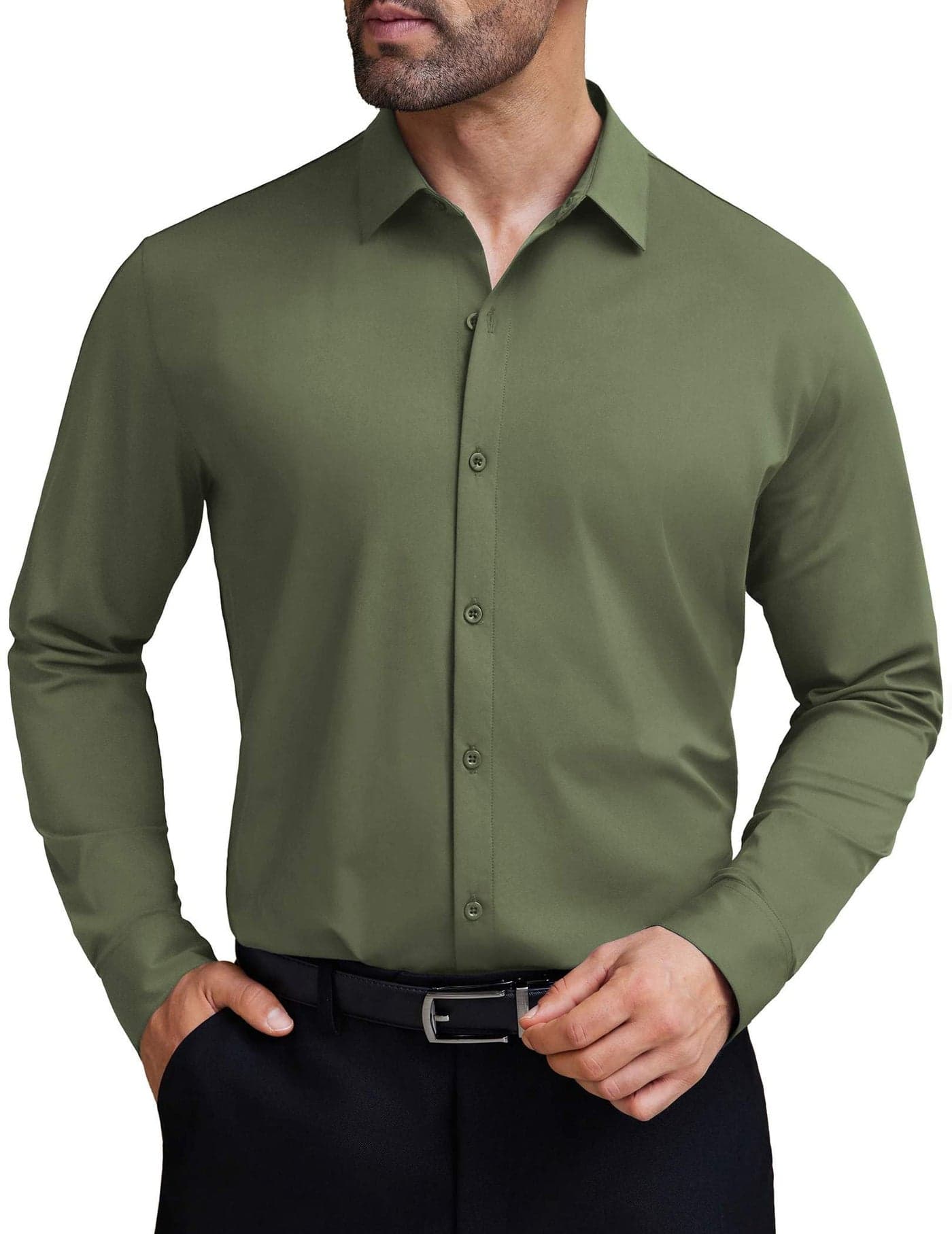 COOFANDY Muscle Dress Shirts for Men Long Sleeve Stretch Shirts Slim Fit Button Down Shirts Army Green XX-Large