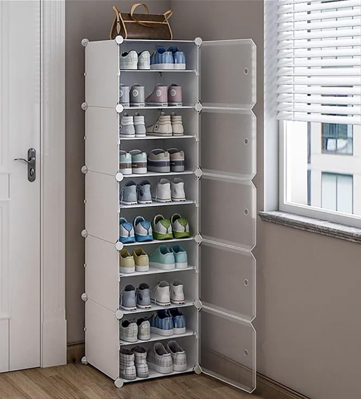AYSIS Shoe Rack Organizer 36 Pair Shoe Storage Cabinet with Door Expandable Plastic Shoe Shelves for ClosetHeelsBootsSlippers 10Shelf White
