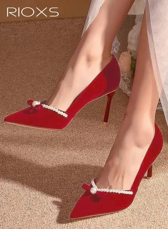 Women's Stiletto Heel Pointed Toe Pumps, 6cm Stiletto High Heels Wedding Dress Shoes with Bow and Pearl, Ladies Comfort Slip-On Heeled Pumps, Elegant Dressy Wedding Pump Shoes for Party Homecoming Prom, Bridal Stiletto Heeled Pumps, Red Heels