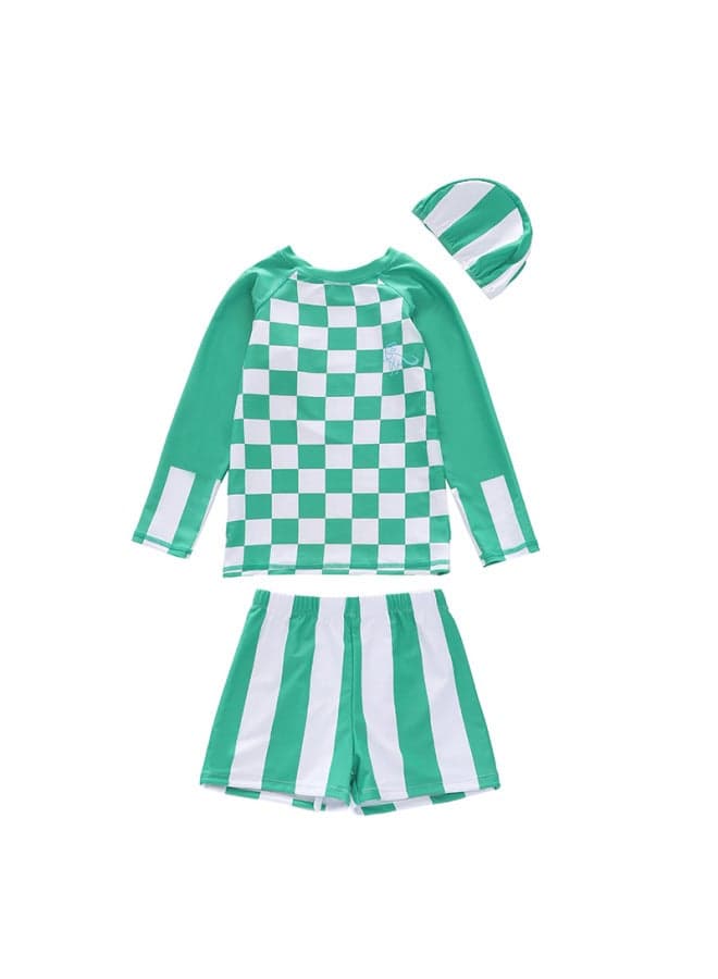 Ins Children's Suit Split Long Sleeve Swimsuit 2023 Boys' Small Medium Large Children's Large Boxer Swimwear Wholesale-Color:D2420-2MZ Green Stripe Dinosaur (swimming Trunks Full Lining)-
