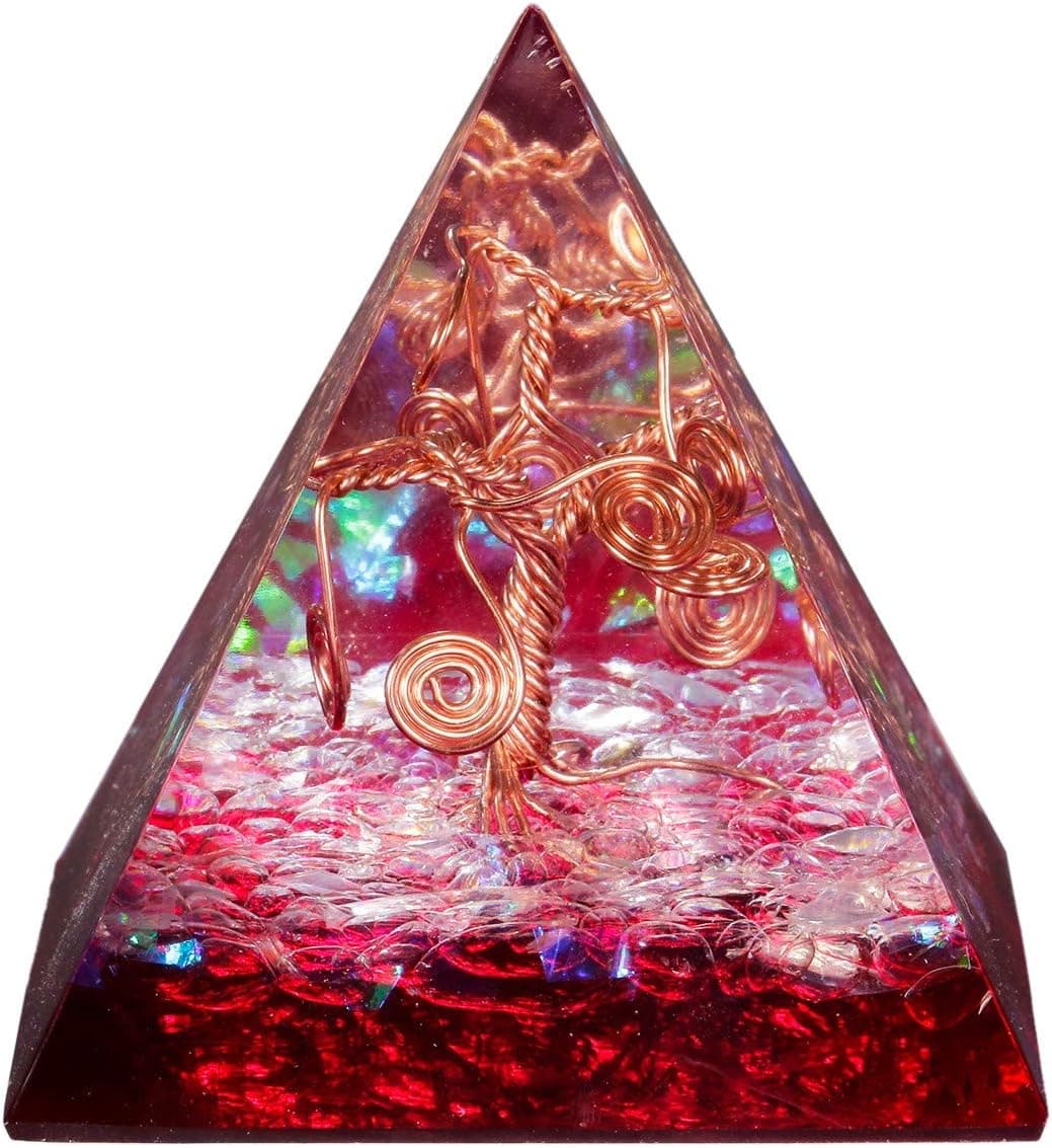 SUNYIK Handmade Tree of Life Orgone Pyramid Energy Generator, Chip Rock Quartz Chakra Healing Crystal Point for Protection Meditation Yoga 2" Red